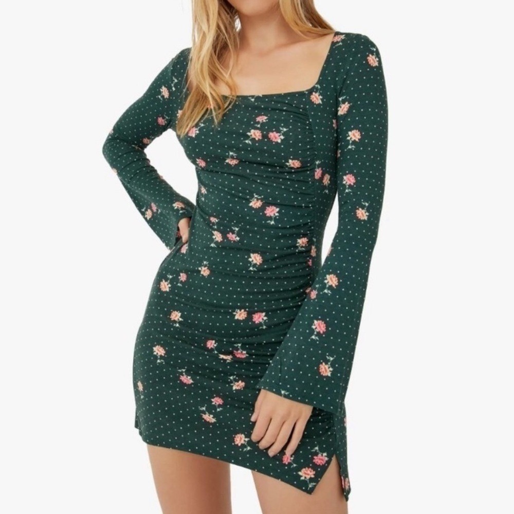 NEW Free People Women Small Green Floral Print Celia Long Sleeve Mini Dress